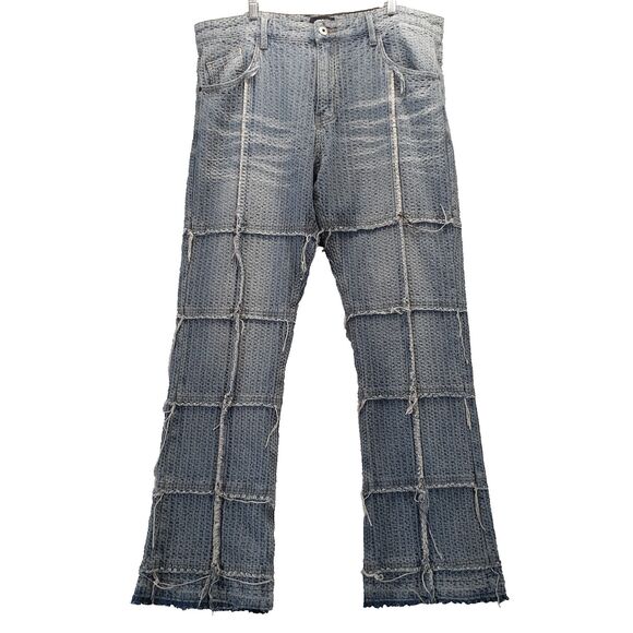 Fashion Nova Men 40 Cross Me Textured Stacked Slim Flare Jeans Vintage Blue Wash - Picture 1 of 11